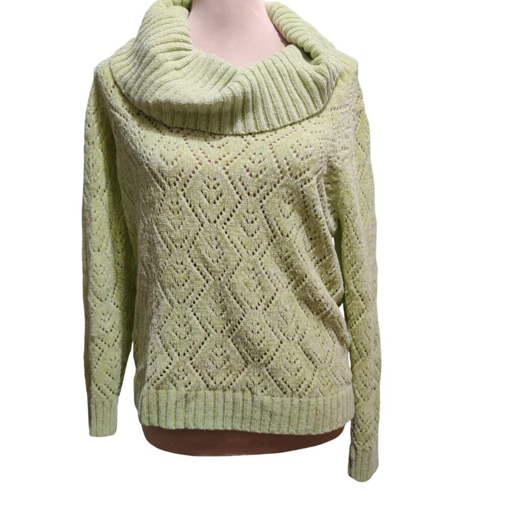 Tabi M Light Green Metallic Open Knit Cowl Neck Sweater Vintage Y2K Pullover